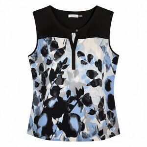 Calvin Klein Sleeveless Split Neck Blouse | Black & Blue Abstract Floral